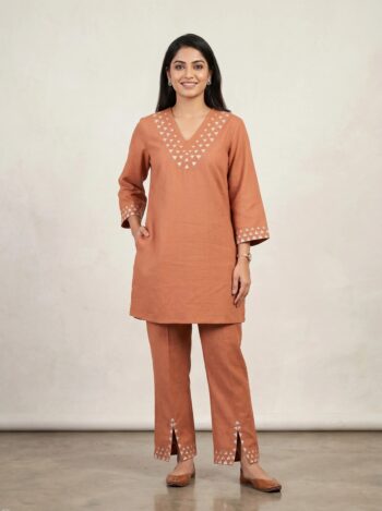 Barara Rust & Golden Embroidered Kurta Set