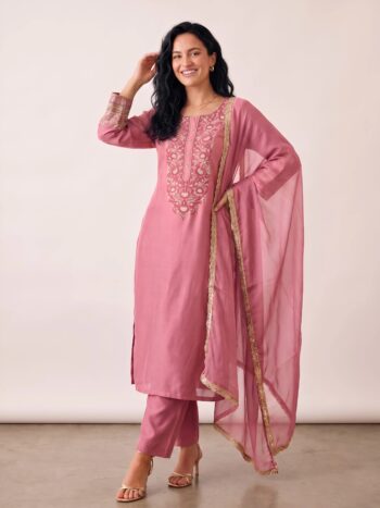 Pink Ethnic Yoke Embroidered Kurta Set