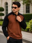 Maniac Men Color Block Polo Neck Full Sleeve Brown and Black Cotton Oversized Tshirt