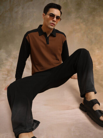 Maniac Men Color Block Polo Neck Full Sleeve Brown and Black Cotton Oversized Tshirt