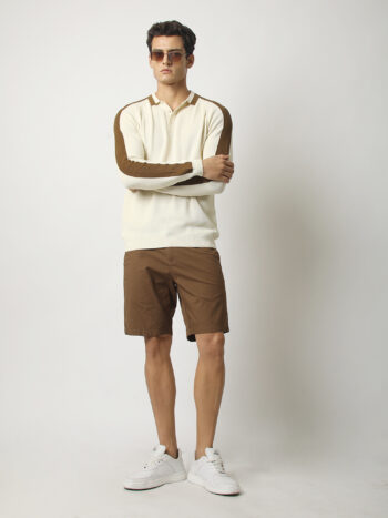 Maniac Men Color Block Polo Neck Full Sleeve Cream & Light Brown Cotton T-Shirt