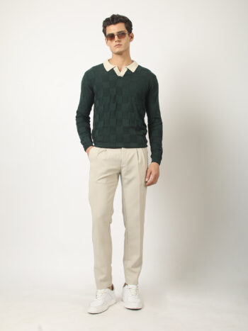 Maniac Men Solid Cubic Textured Knit Full Sleeve Dark Green and Cream Slim Polo T-shirt