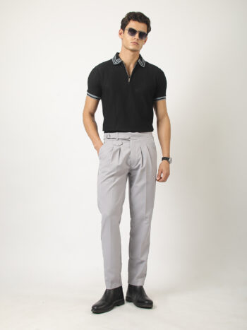 Maniac Men Textured Half Zipper Polo Neck Half Sleeve Black and Light Grey Cotton Polo T-Shirt