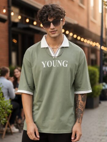 Maniac Mens Printed Polo Neck Half Sleeve Light Green and White Cotton Slim Fit T-Shirt