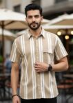 Men Beige Rayon Striped Cut Away Collar  Casual Shirt