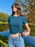 Rigo Women Teal Solid Short Sleeves Crop Top