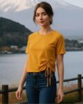 Rigo Women Mustard Solid Short Sleeves Crop Top