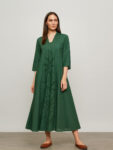 Barara Women's Green A-Line Midi Dress with Subtle Leaf Pattern