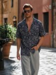 Men Stripes Print Cut Away Collar Beige Casual Shirt