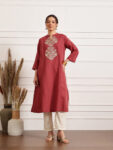 Barara Linen Wine Red Embroidered Kurta