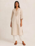 Barara women’s Beige Textured Embroidered Kurta Set