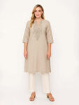 Barara women’s Linen Beige Embroidered Straight Kurta