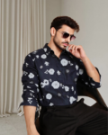 Men Printed Cotton Cut Away Collar Casual Shirt