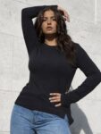Rigo Women Black Solid Round Neck Thumbhole Regular Fit Top