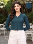 Rigo Women Teal Green Textured Full Sleeves Crop Top