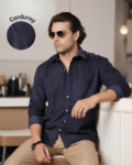 Men Blue Corduroy Cut Away Collar  Casual Shirt