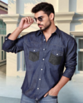 Men Blue Denim Cut Away Collar  Casual Shirt