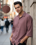 Men Mauve Ribbed Cut Away Collar Oversized Shirt