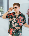 Men Printed Cut Away Collar Green Casual Shirt
