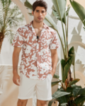 Men Printed Cut Away Collar Mauve Casual Shirt