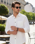 Men White Corduroy Cut Away Collar  Casual Shirt