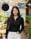 Rigo Women Textured Black Zipper Mock Neck Crop Top