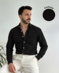 Men Black Corduroy Cut Away Collar  Casual Shirt