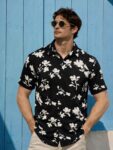 Men Printed Cut Away Collar Black Casual Shirt