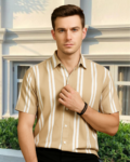 Men Stripes Print Cut Away Collar Beige Casual Shirt