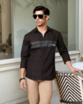 Men Cotton Black Cut Away Collar Casual Shirt