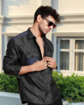 Men Black Denim Cut Away Collar  Casual Shirt