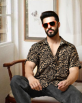 Men Printed Cut Away Collar Black Casual Shirt